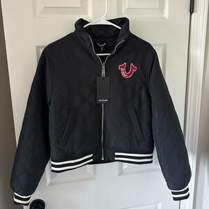 True Religion Size M Women’s Black Quilted Zip Up Bomber Jacket w/ Red Logo